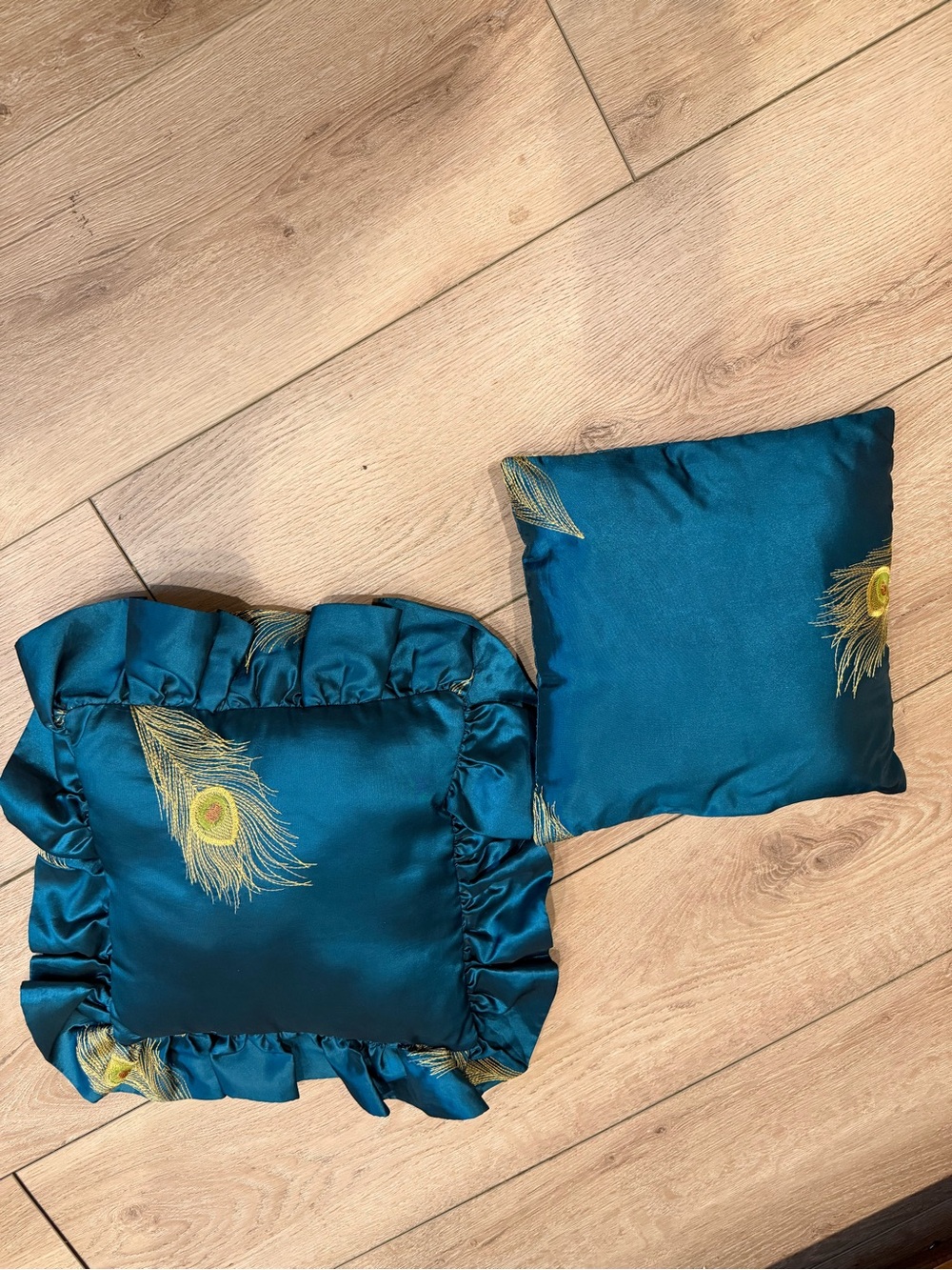 Pier 1 Teal Decorative Throw Pillows with Embroidered Peacock Feather Motif